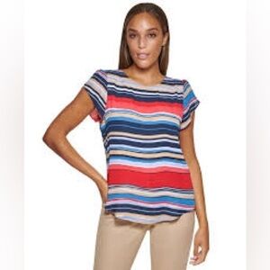 DKNY - Colorful Striped Crewneck Split Flutter Short Sleeve Blouse Size P Xl